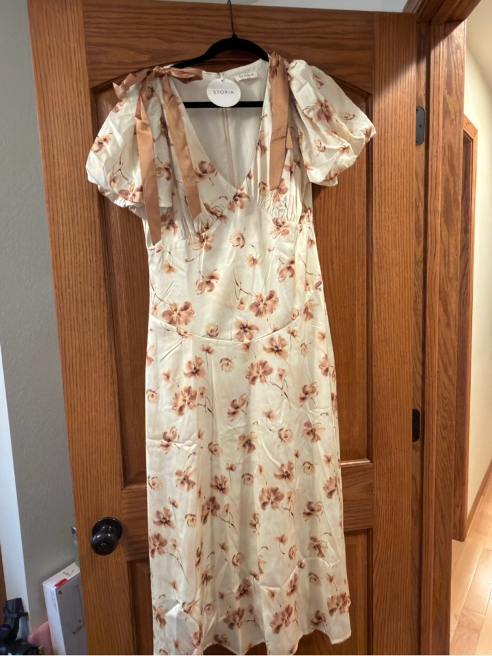 Storia Cream Midi Dress with Tan Floral Print and Ribbon Ties